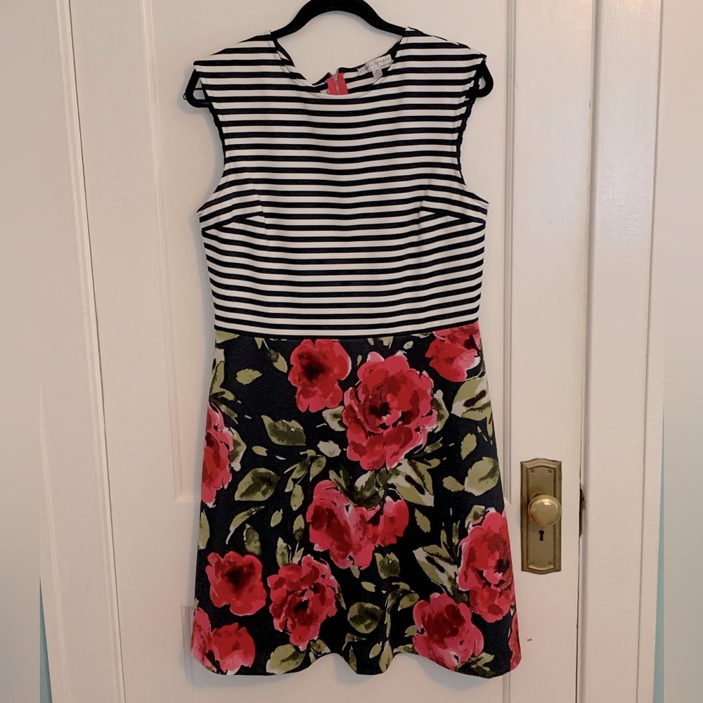 Sandra Darren Floral And Stripe Pattern Dress, Womens  Size 14 Fit And Flare